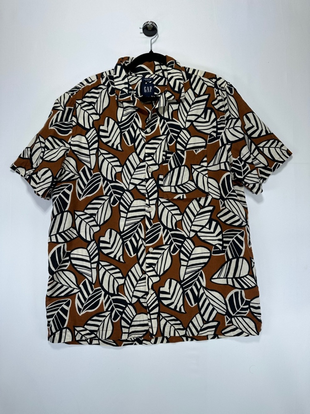 Gap Linen Blend Shirt Leaf Print Short Sleeve Tropical Brown Size M